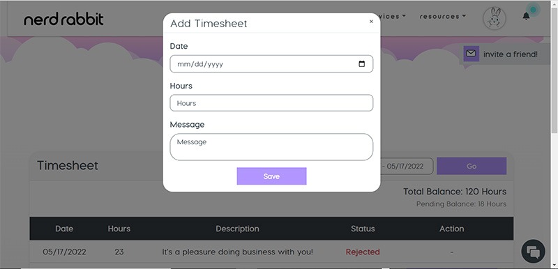 Screenshot of adding a timesheet.