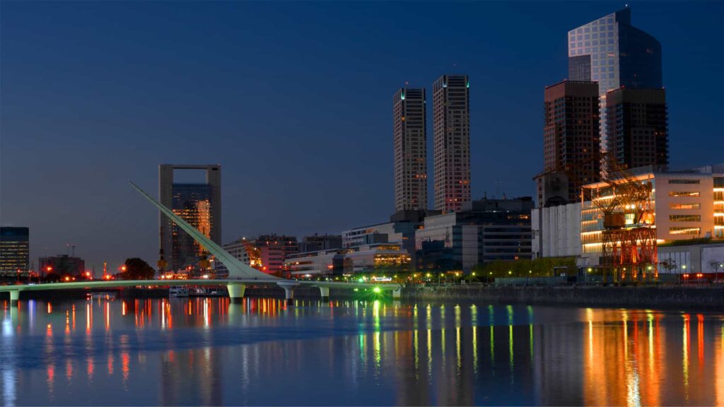 Nighttime photo of Puerto Madero in Buenos Aires, Argentina.