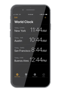 Screenshot of a phone screen displaying a world clock.