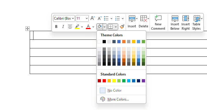 A screenshot showing how to edit the color of a table cell in Word.