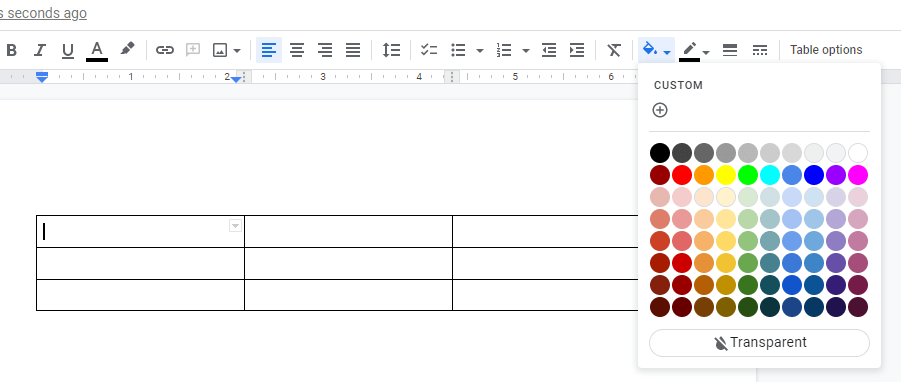 A screenshot showing how to edit table cell color in Google Docs.