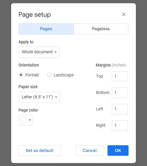 A screenshot showing how to edit margins in a Google Doc.