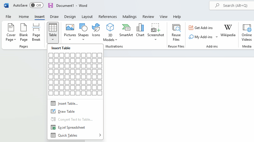 A screenshot showing how to create a table in Word.