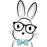 A headshot of a rabbit wearing glasses and a blue bowtie.