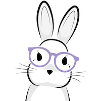 A headshot of a rabbit wearing purple glasses.