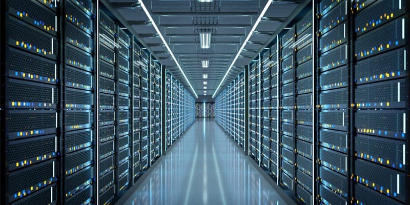 Picture of a data hall inside a data center.