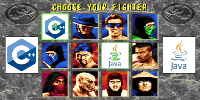 A picture showing a video game "choose your fighter" screen with the logos for C++ and Java on either side of the menu.