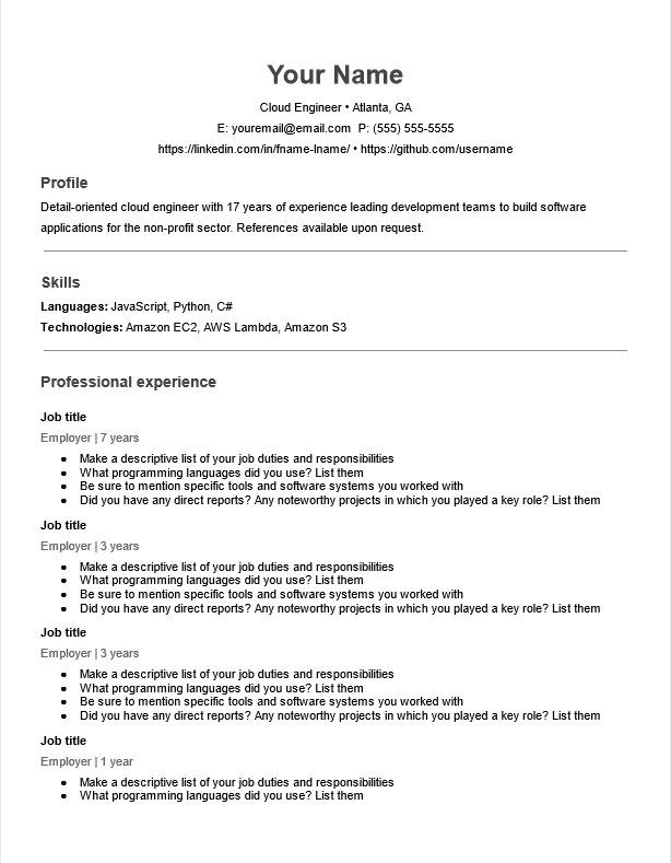 Screenshot of a resume template for cloud engineers.