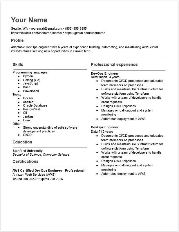 A photo of a DevOps engineer resume.