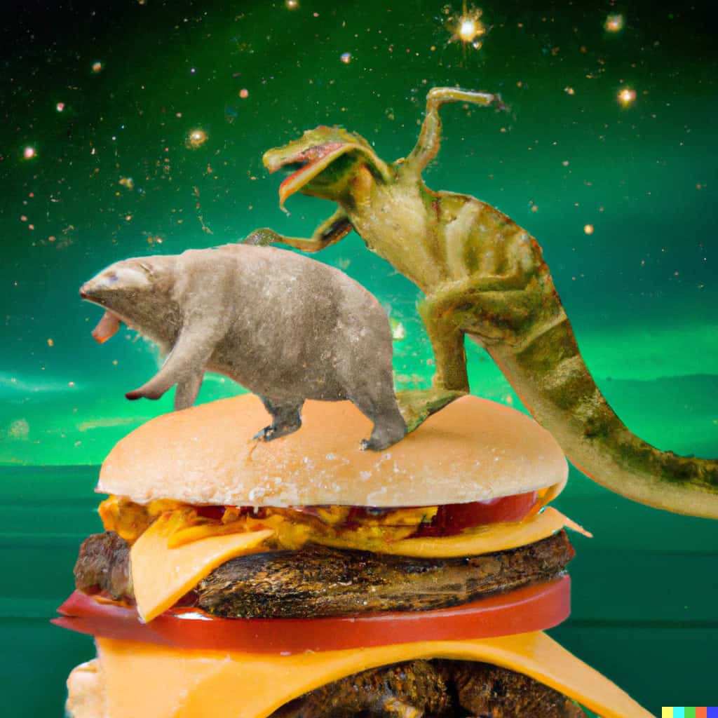Picture of a possum lightsaber fighting a T-rex on top of a giant cheeseburger made with ChatGPT.