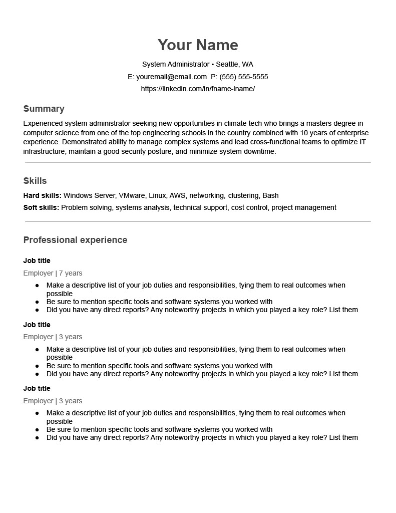 A picture of the first page of a system administrator resume template.