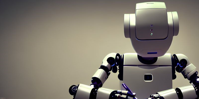 An animated illustration of a robot sitting at a writing desk with pen in hand.