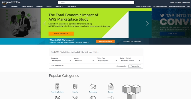 A screenshot of the AWS Marketplace home page.