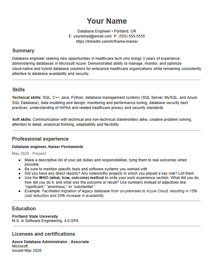 A screenshot of the first page of a database engineer resume template.