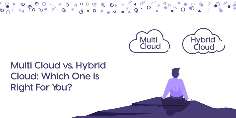 A person sits on a ledge, looking up at two clouds in the sky. One cloud says "Multi cloud" and the other says "Hybrid cloud."