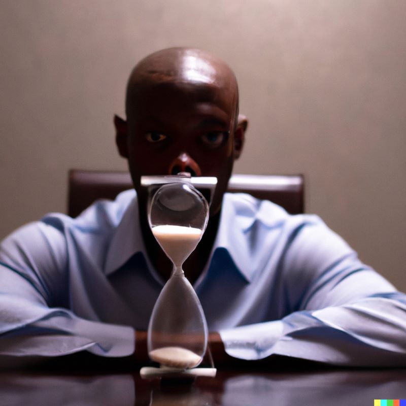 A man sits at a desk watching the grains of sand fall through an hourglass.