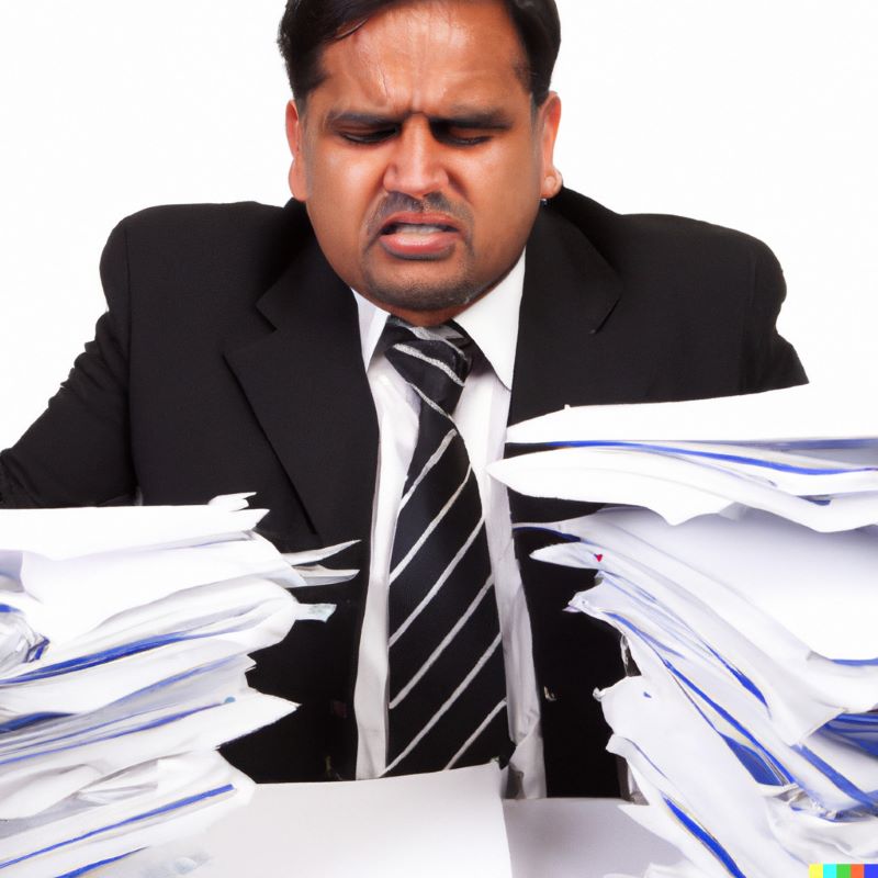 A man struggles to work through a stack of job applications as papers pile up on either side of him.