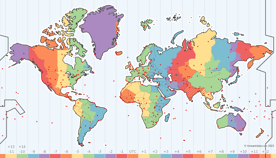 A world map showing how the world is divided into different time zones.